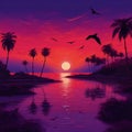 Summer Beach Sunset . Retro sunset illustration. Generative Ai Royalty Free Stock Photo