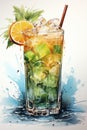 Transport yourself to paradise through a vivid watercolor rendition of a tropical cocktail, featuring glasses, ice