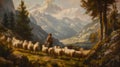 Alpine Shepherd: Tending Sheep Amidst Majestic Mountain Scenery