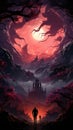 Transport yourself to a realm of epic fantasy with an album cover-style artwork featuring a majestic red dragon against a