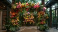 Transport yourself to a serene getaway with this podium covered in striking tropical flowers and framed by a canopy of