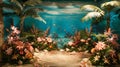 Transport yourself to a tropical getaway with this aquaticthemed podium. Lush palm trees and tropical flowers frame the