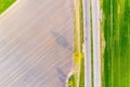 Transportation along lonely road concept. Rural countryside aerial landscape Royalty Free Stock Photo