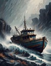 Transportation Amidst Storm, Ship Battling Massive Waves, Overcast Sky, Generative AI