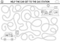 Transportation black and white maze for kids with auto, driver. Line transport printable activity or coloring page. Labyrinth game