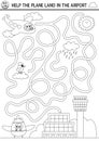 Transportation black and white maze for kids with city landscape, airplane. Line transport preschool printable activity. Labyrinth