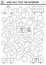 Transportation black and white maze for kids with girl waiting for transport. Line preschool printable activity. Labyrinth game or