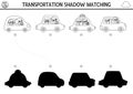 Transportation black and white shadow matching activity. Transport line puzzle with cute cars, taxi, drivers. Find correct