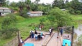 Transportation boat reaching an indigene village along the Amazon River