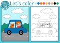 Transportation coloring page for children with car, driver, cat. Vector water transport outline illustration. Color book for kids