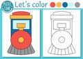 Transportation coloring page for children with engine. Vector water transport outline illustration with cute steam train. Color