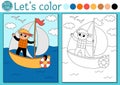 Transportation coloring page for children with sailboat and sailor. Vector water transport outline illustration. Color book for