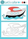 Transportation coloring page for children with speedboat. Vector water transport outline illustration with cute boat. Color book