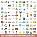 100 transportation company icons set, flat style