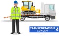 Transportation concept. Detailed illustration of auto transporter, dozer and driver on white background in flat style