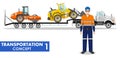 Transportation concept. Detailed illustration of auto transporter, heavy construction machines and driver on white