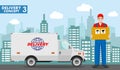 Transportation concept. Detailed illustration of delivery truck and driver, deliveryman hold the box on background with Royalty Free Stock Photo