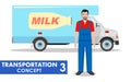 Transportation concept. Detailed illustration of milk truck and driver