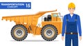 Transportation concept. Detailed illustration of workman, driver, miner, builder and off-highway truck on white