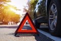 Red triangle, red emergency stop sign, red emergency symbol with car stop and park on road