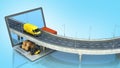 Transportation concept road from the laptop on the road going truck there are boxes and a loader on the laptop 3d render on blue