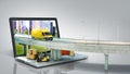 Transportation concept road from the laptop on the road going truck there are boxes and a loader on the laptop 3d render on grey