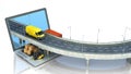 Transportation concept road from the laptop on the road going truck there are boxes and a loader on the laptop 3d render on white