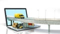 Transportation concept road from the laptop on the road going truck there are boxes and a loader on the laptop 3d render on white