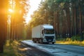 transportation concept, white truck on urgent delivery in highway winding through forested landscape