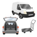 Transportation, deliver, relocation services. Commercial utility vehicle and estate car with opened trunk.