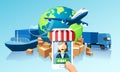 Transportation delivery logistics network via mobile app technology concept. Global shipping of cargo by air trucking rail transpo Royalty Free Stock Photo