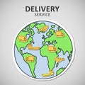 Transportation and distribution of goods. Globe with different types of delivery vehicles on grey background Royalty Free Stock Photo