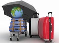 Transportation of earth and suitcases on freight light cart under umbrella