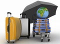 Transportation of earth and suitcases on freight light cart under umbrella