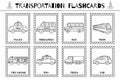 Transportation flashcards black and white collection for kids. Vehicles flash cards set Royalty Free Stock Photo