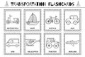 Transportation flashcards black and white collection for kids. Vehicles flash cards set Royalty Free Stock Photo