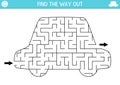 Transportation geometrical maze for kids. Preschool printable activity shaped as car. Simple city transport labyrinth game or