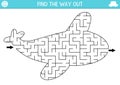 Transportation geometrical maze for kids. Preschool printable activity shaped as plane. Simple air transport labyrinth game or