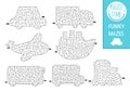 Transportation geometrical maze set for kids. Preschool printable activity shaped as car, truck, plane, ship, bus. Water, air,