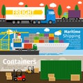 Transportation of goods and delivery by trucks cargo containers flat horizontal banners vector illustration