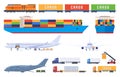 Transportation of goods by different types of transport. Sea air land rail freight delivery. International trade. Vector