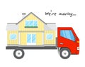 Transportation and home removal. Comfortable house on a red truck. We`re moving. Royalty Free Stock Photo