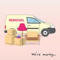 Transportation and home removal. We`re moving. The yellow car for transportation and home removal. Boxes, armchair, floor lamp, Royalty Free Stock Photo