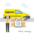 Transportation and home removal. We`re moving. A young man is holding boxes. The yellow truck, boxes and wash machine.