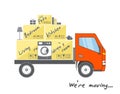 Transportation and home removal. Stylized house with boxes for moving on orange truck. We`re moving.
