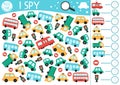 Transportation I spy game for kids. Searching and counting activity with car, bus, tram, taxi, truck, traffic lights, road signs.