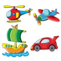 Transportation Icon Cartoon Color Car, Ship, Boat, Airplane, Helicopter