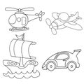 Transportation Icon Cartoon Coloring Page Car, Ship, Boat, Airplane, Helicopter Royalty Free Stock Photo