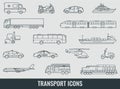 Transportation icons set. City cars and vehicles transport. Car, ship, airplane, train, motorcycle, helicopter. Outline Royalty Free Stock Photo