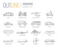 Transportation icons set. City cars and vehicles transport. Car, ship, airplane, train, motorcycle, helicopter. Outline Royalty Free Stock Photo